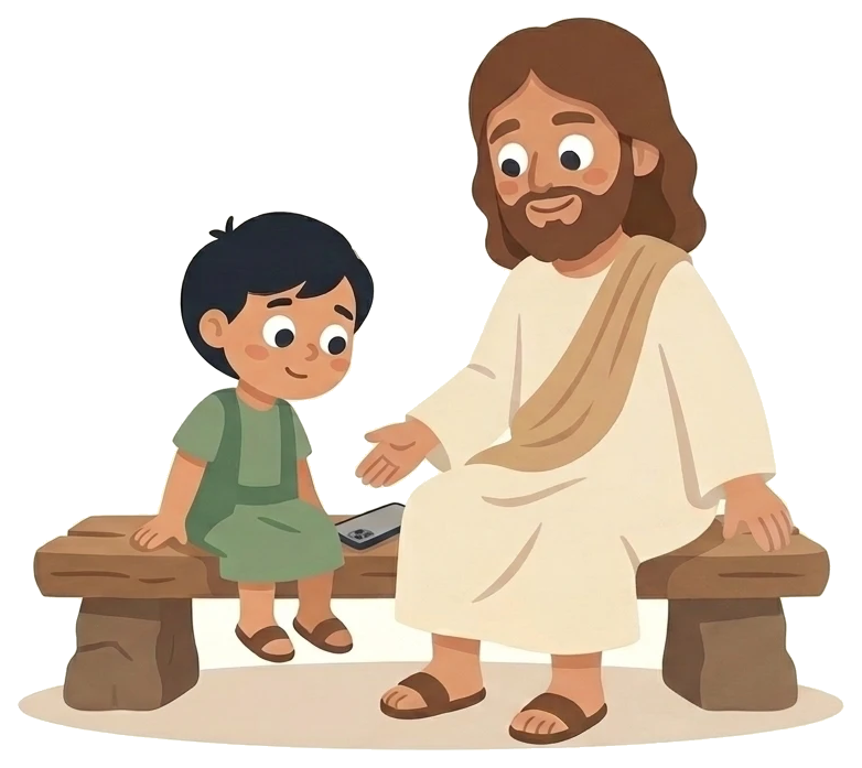 Jesús sentado en un banco con un niño que ha dejado el móvil a un lado