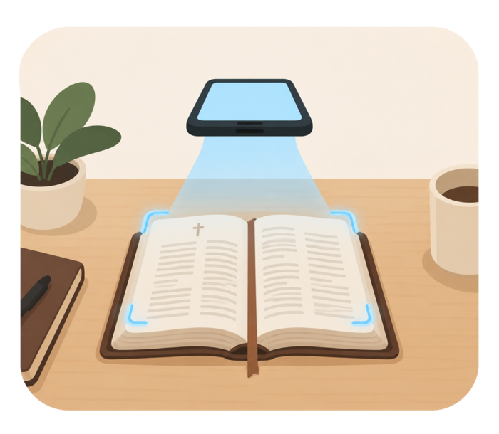 Un móvil escaneando una Biblia de papel abierta